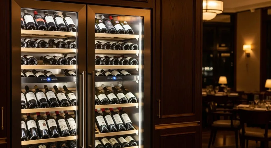 Commercial wine cooler in a restaurant or wine bar setting