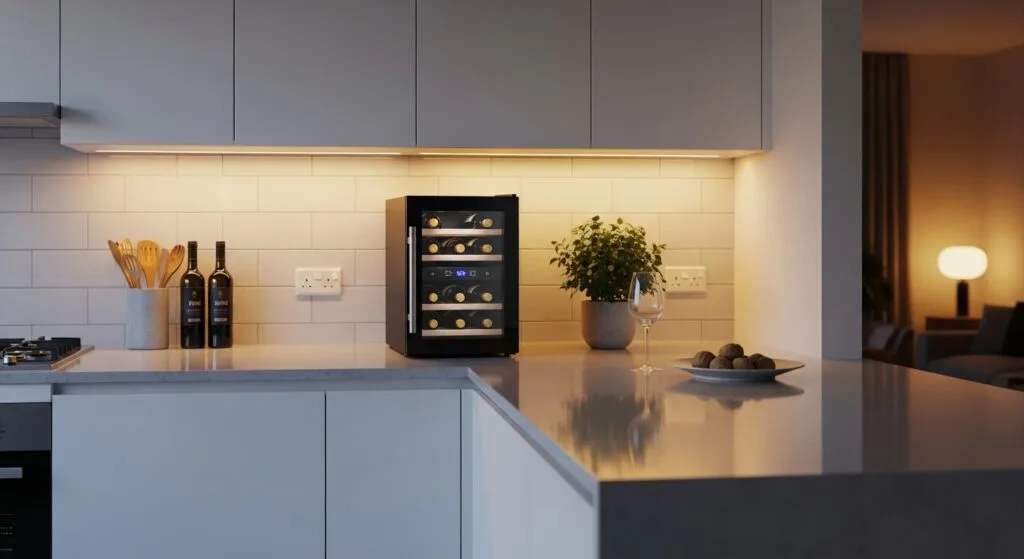 Compact countertop wine cooler in a small kitchen