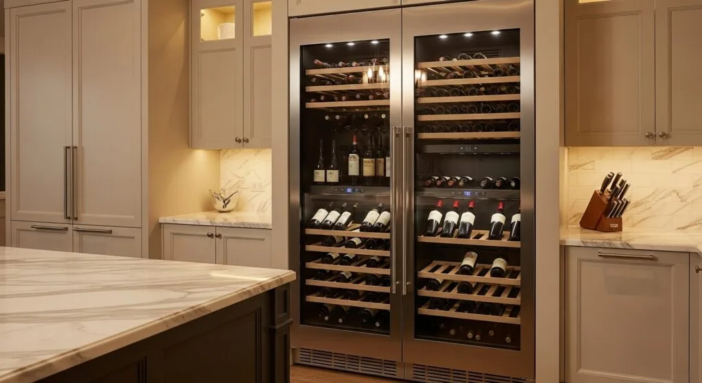 Luxury wine cooler with elegant wooden shelves and premium lighting