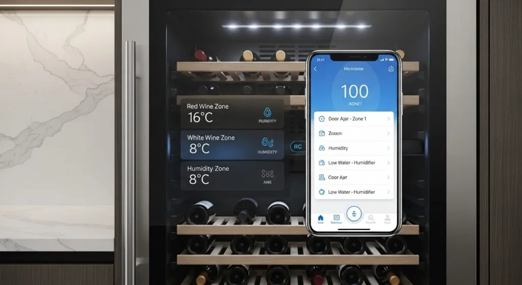 Smart wine cooler interface with temperature and humidity control