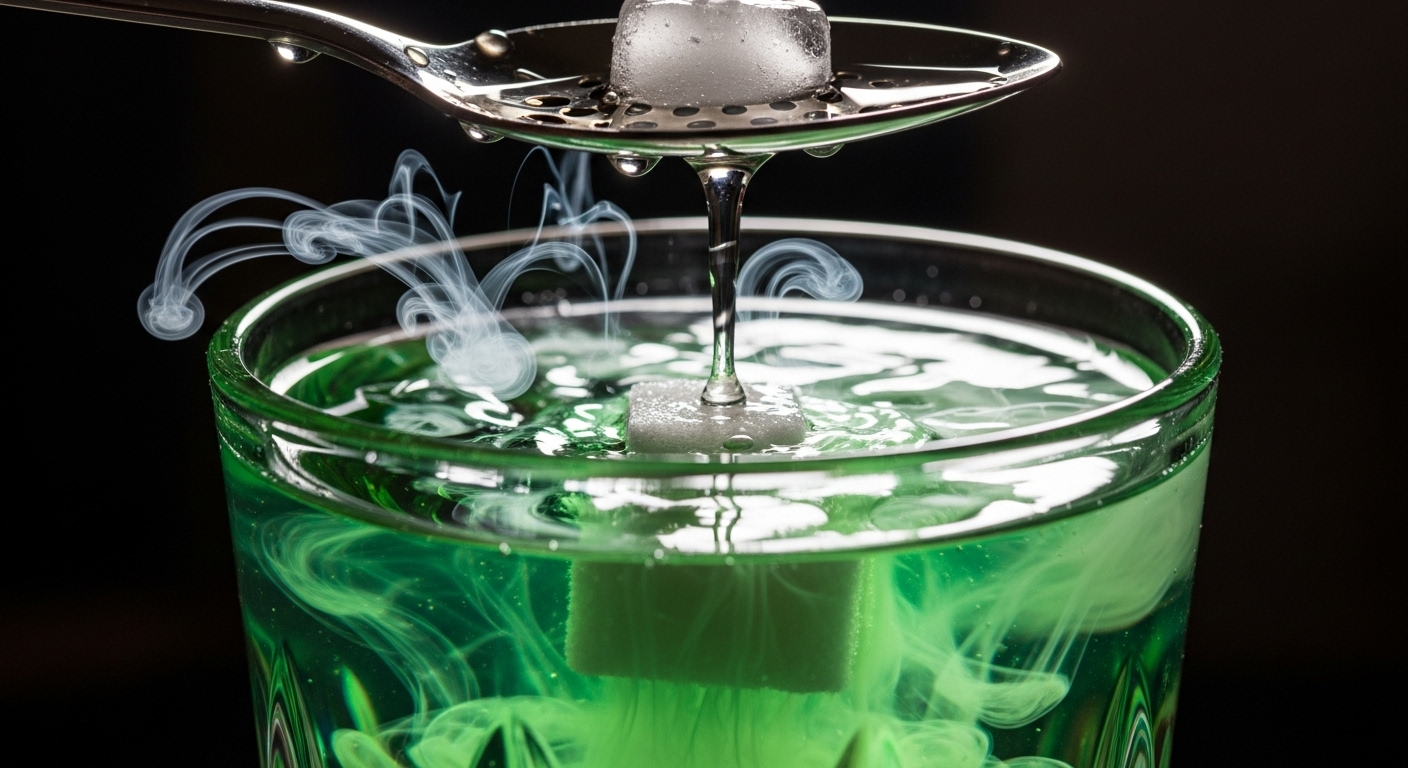 Absinthe turning cloudy as cold water drips into a glass