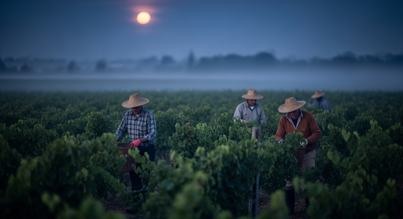 Vineyard workers applying biodynamic preparations under moonlight