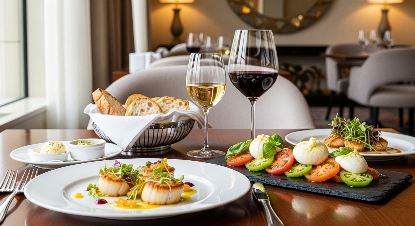 Gourmet dishes plated with biodynamic wine glasses