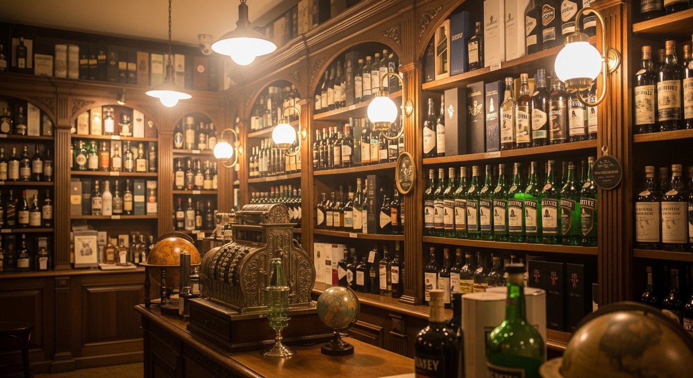 Antique-style spirits shop interior with imported absinthe bottles