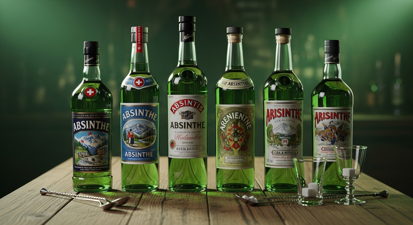 A lineup of premium absinthe bottles from France and Switzerland