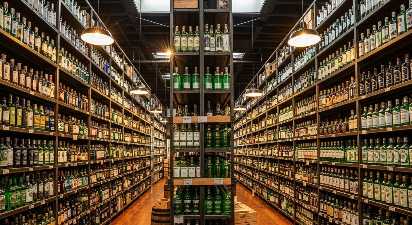 Rows of absinthe bottles displayed in a large wine warehouse