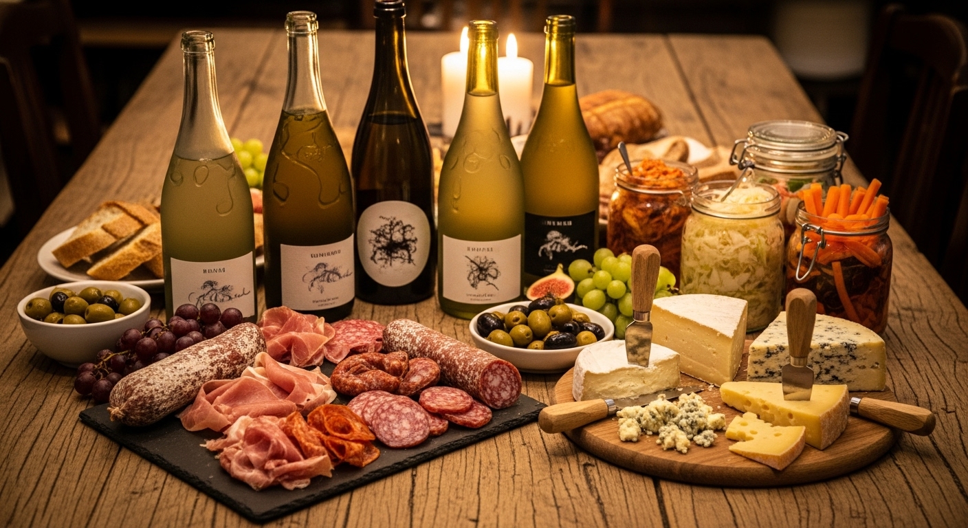 Charcuterie and natural wine on rustic wooden table