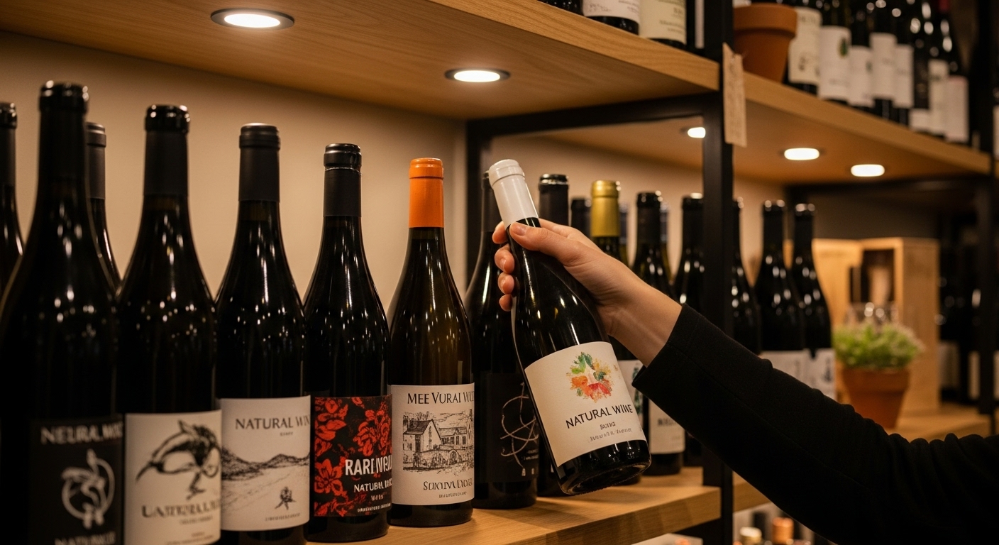 Person selecting natural wines at a boutique wine shop