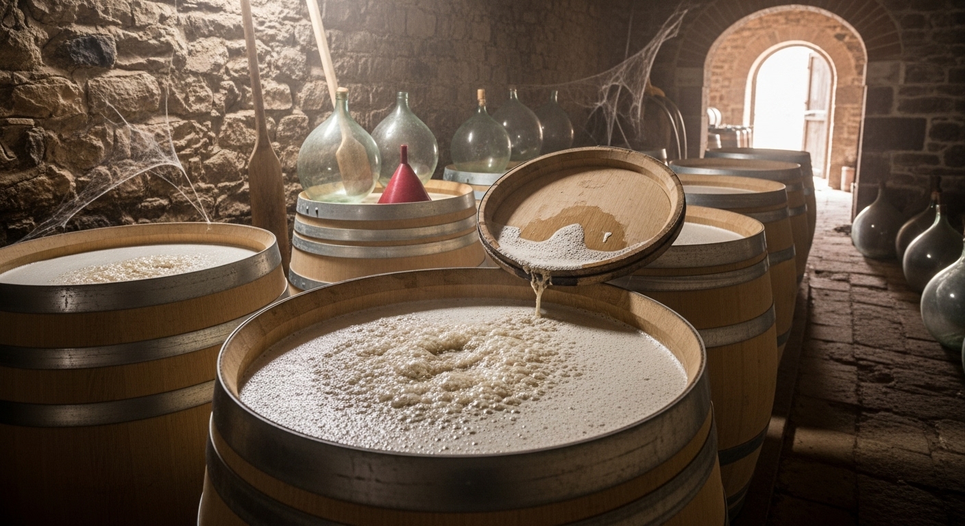 Wild yeast fermentation and unfiltered natural wine in cellar