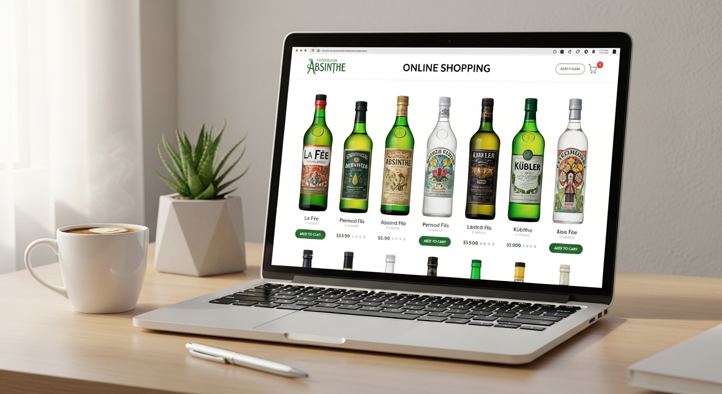 Laptop showing absinthe bottles available for online purchase