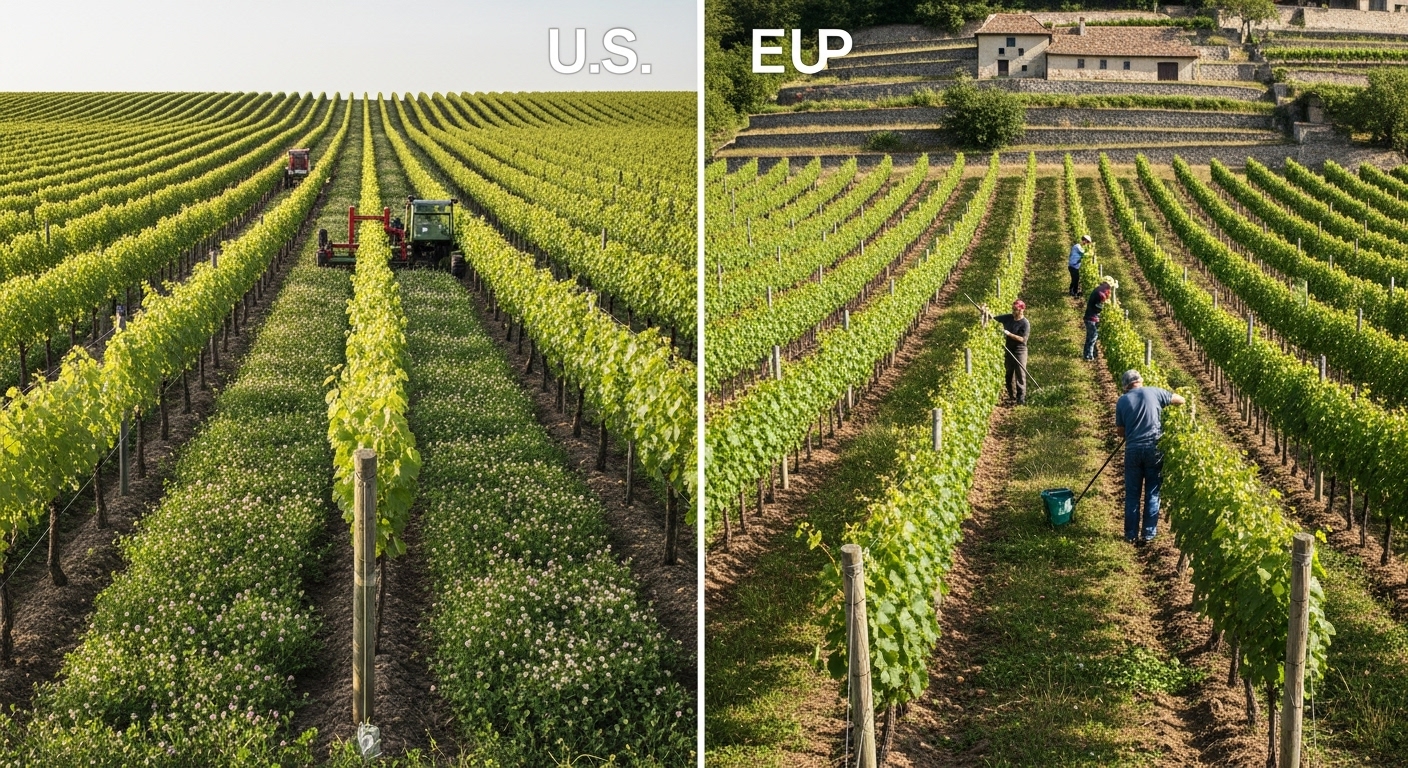 Organic vineyard rows with certification markers