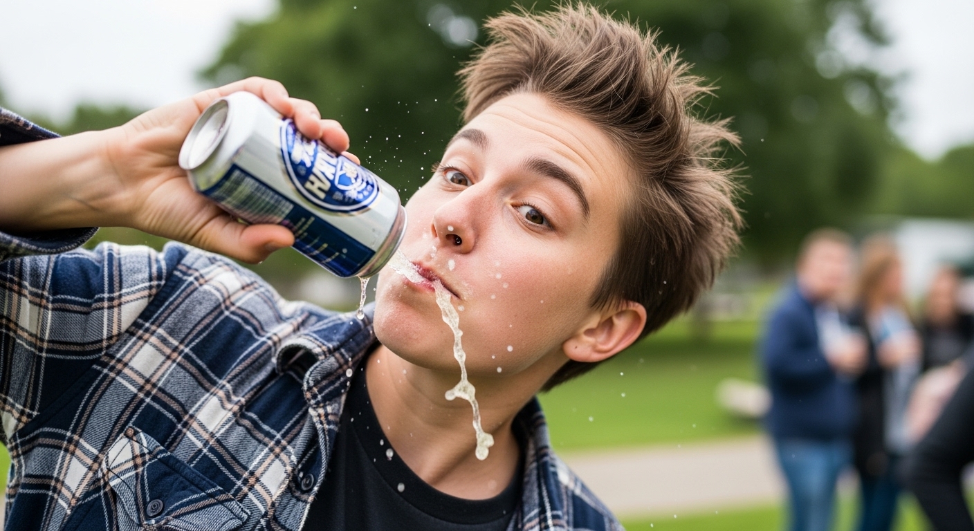 Person shotgunning a beer for comparison with tornadoing