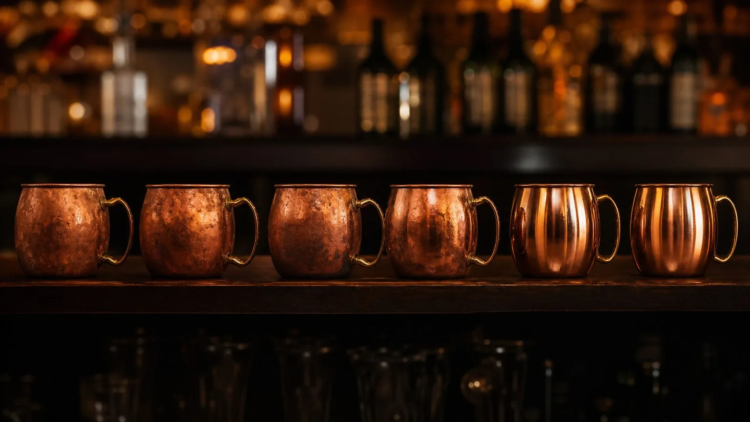 Why Is Moscow Mule Served in a Copper Cup? 12 Powerful Reasons You Must Know 6 Row of polished copper Moscow Mule mugs displayed on a bar shelf ready for service