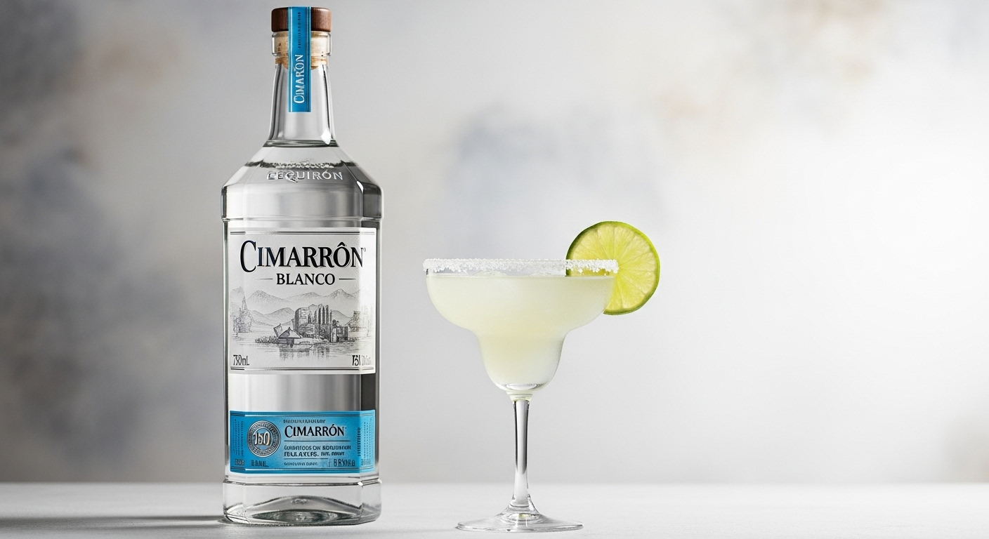 Cimarrón tequila next to freshly made margarita