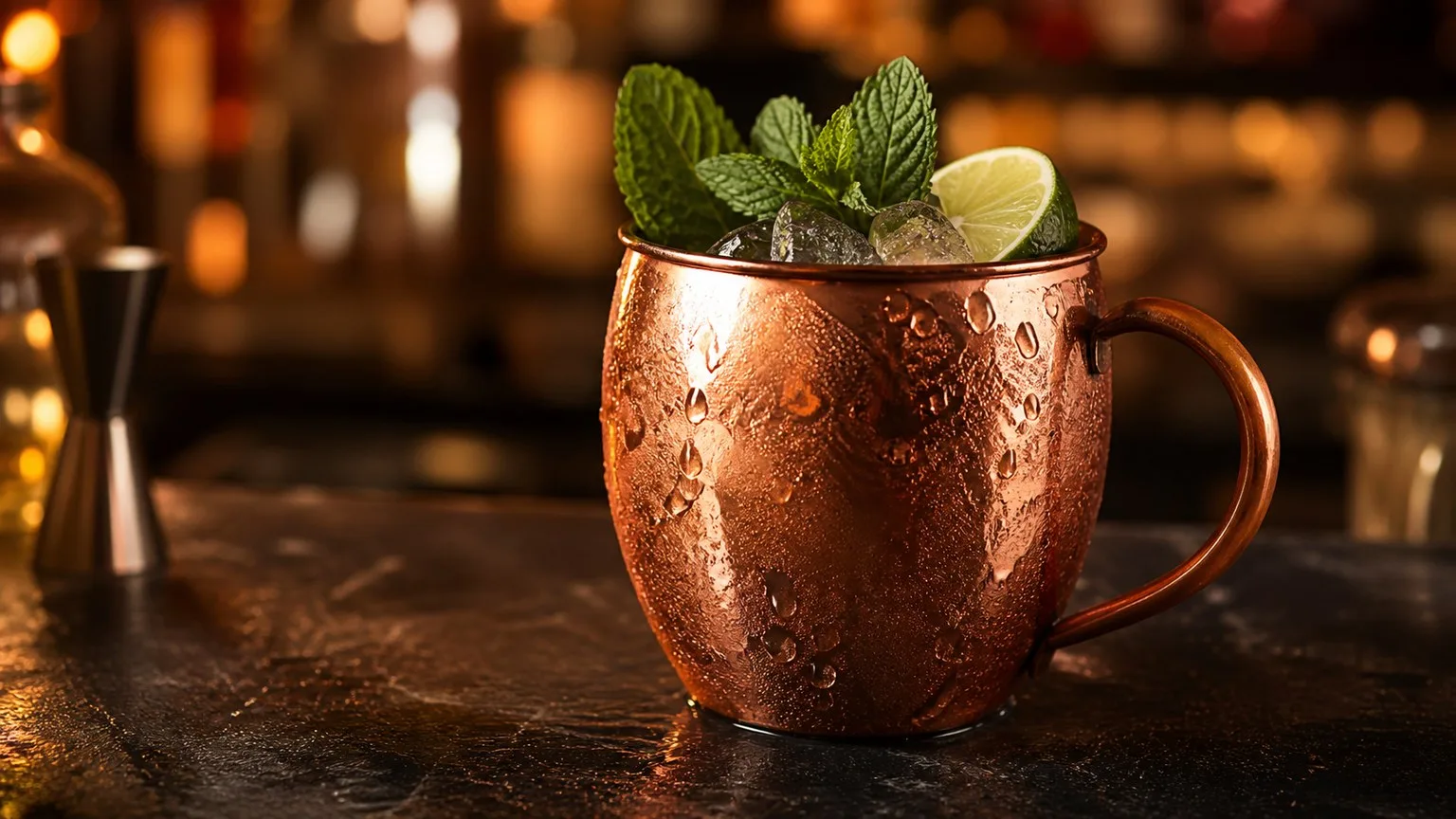 Why Is Moscow Mule Served in a Copper Cup? 12 Powerful Reasons You Must Know 2 Classic Moscow Mule served in a frosted copper cup with lime and mint garnish on a dark bar