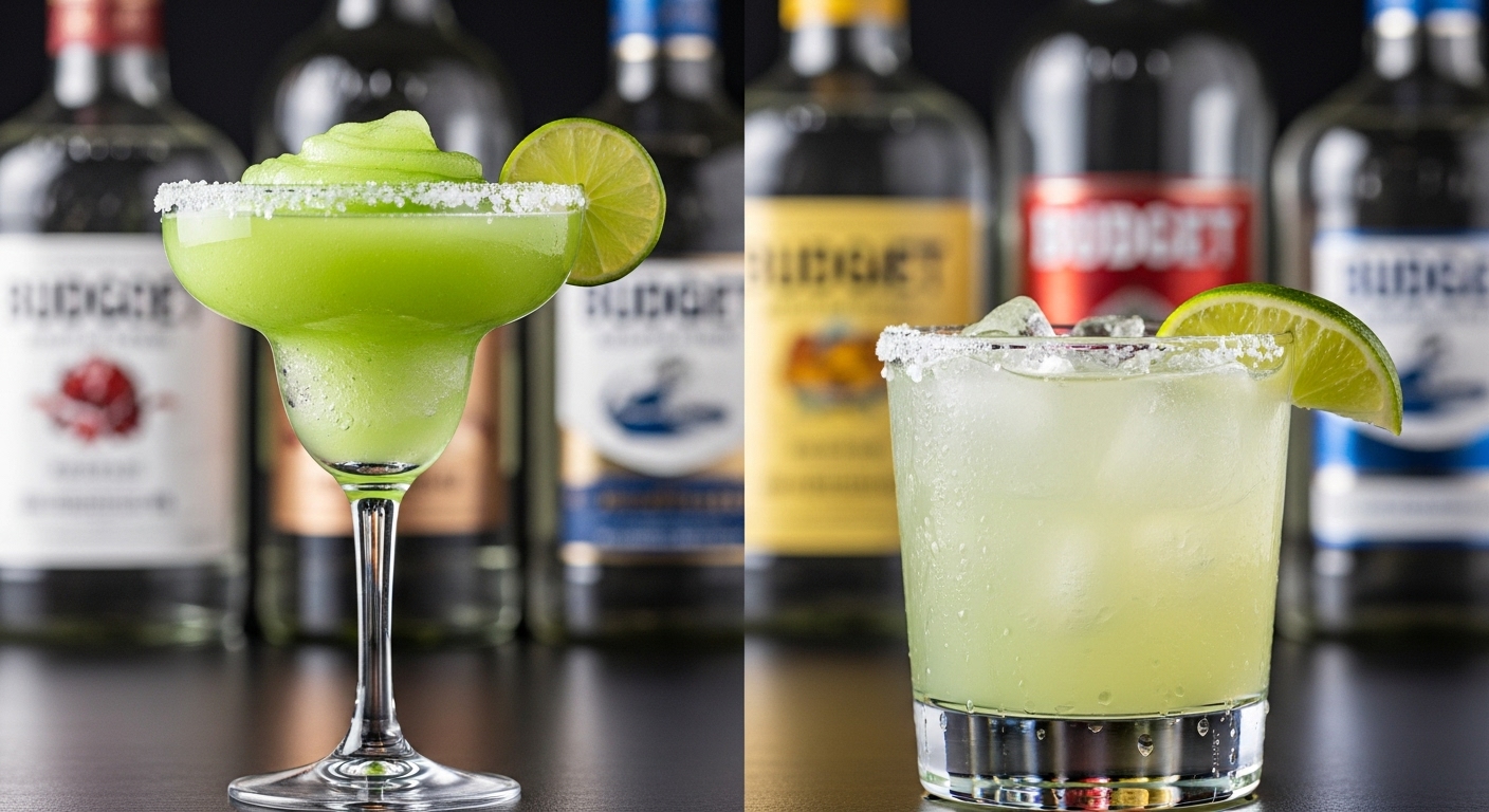 Frozen margarita next to a rocks margarita with tequila bottles behind