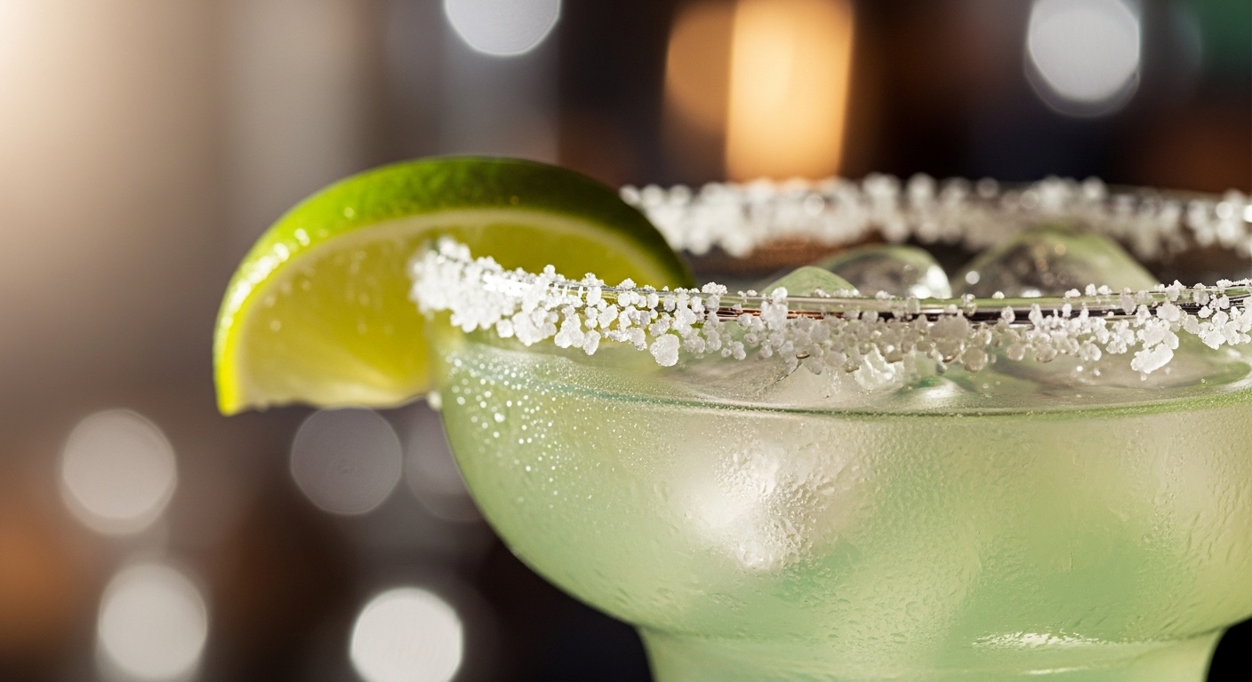 Perfectly made margarita with salted rim and lime wedge