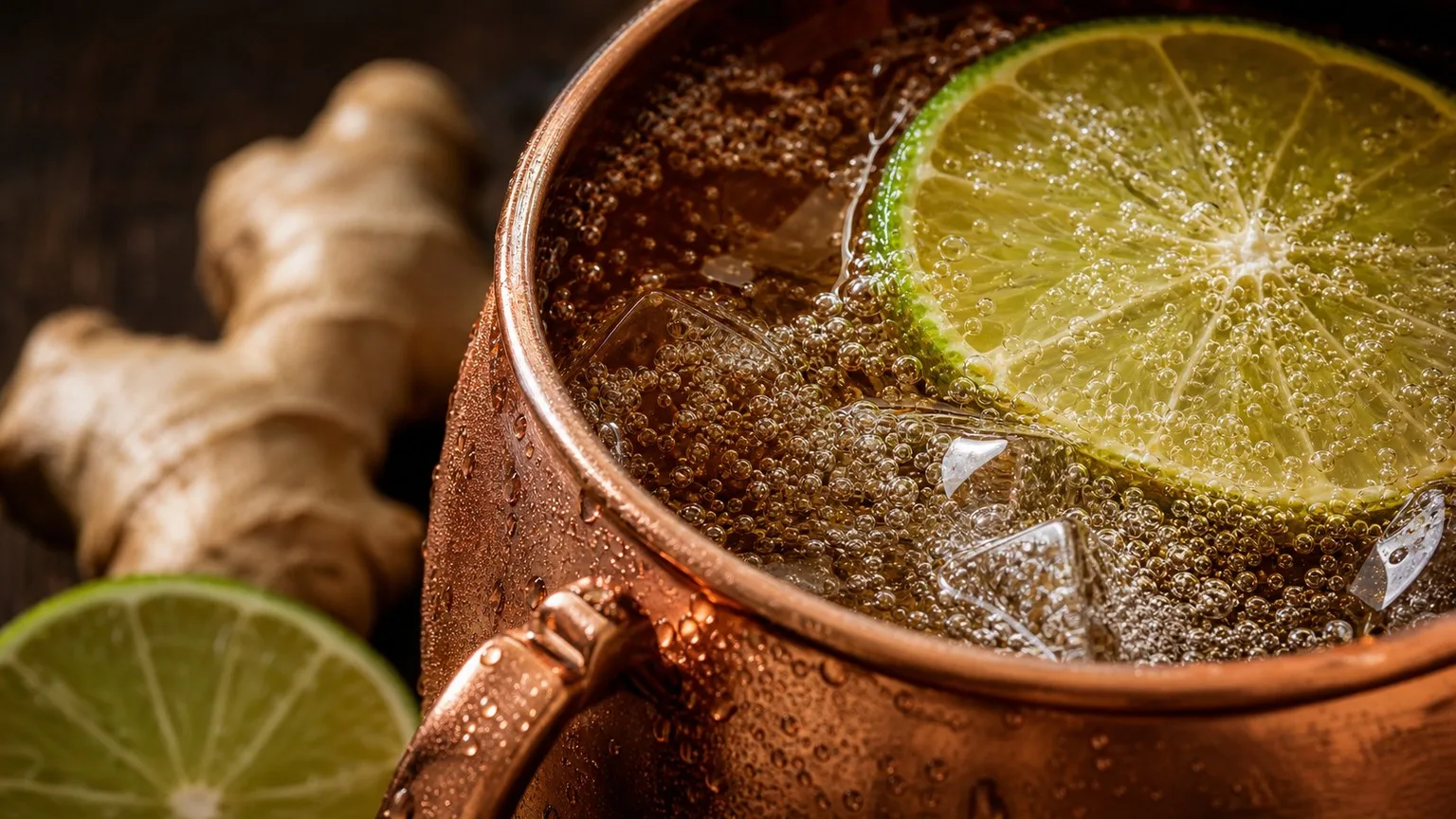 Why Is Moscow Mule Served in a Copper Cup? 12 Powerful Reasons You Must Know 4 Close-up of ginger beer carbonation and lime in a frosted copper Moscow Mule cup