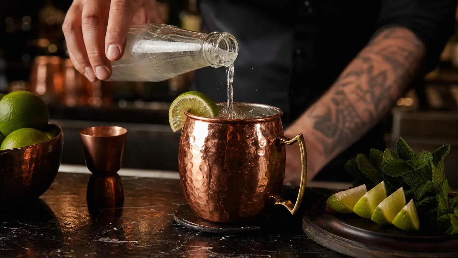 Why Is Moscow Mule Served in a Copper Cup? 12 Powerful Reasons You Must Know 7 Bartender pouring ginger beer into a lined copper Moscow Mule mug