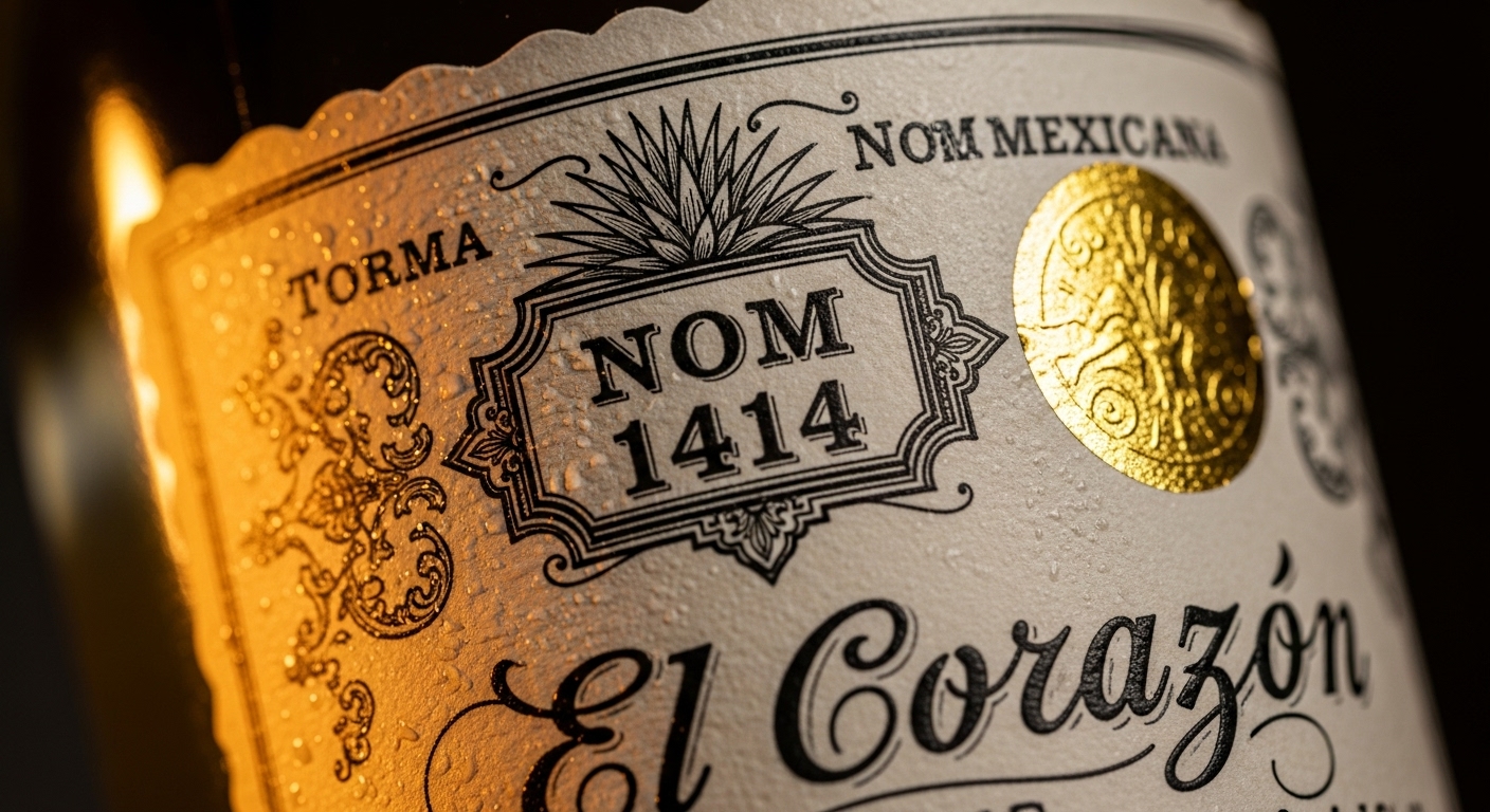 Close-up of NOM certification on a tequila bottle