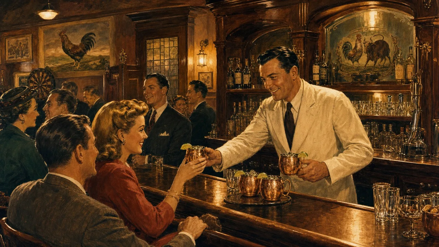 Why Is Moscow Mule Served in a Copper Cup? 12 Powerful Reasons You Must Know 5 Vintage 1940s style Moscow Mule promotion featuring copper mugs at the Cock n Bull Pub