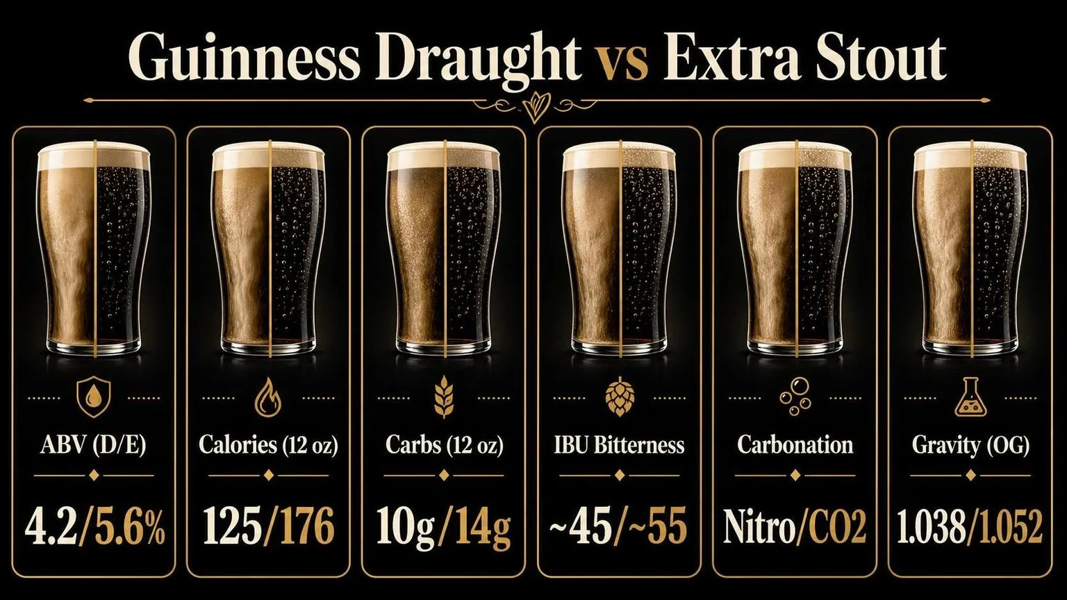 Guinness Stout Vs Extra Stout — The Ultimate Comparison Guide (2026 Edition) 1 Guinness Draught vs Extra Stout: By The Numbers — key facts at a glance