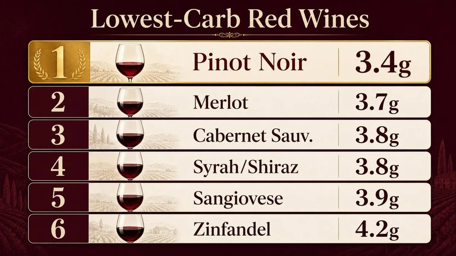 Lowest-Carb Red Wines Per 5 oz Glass — key facts at a glance