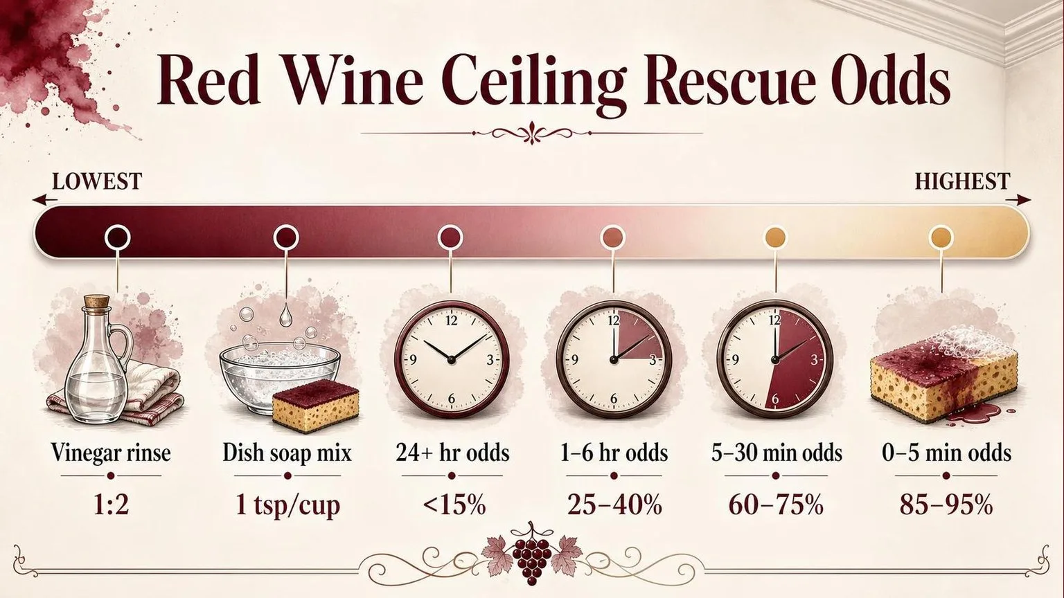 How To Get Red Wine Off Ceiling? 23 Proven Techniques You Must Try (2026 Guide) 1 Red Wine Ceiling Stain: Removal Odds by Time — key facts at a glance