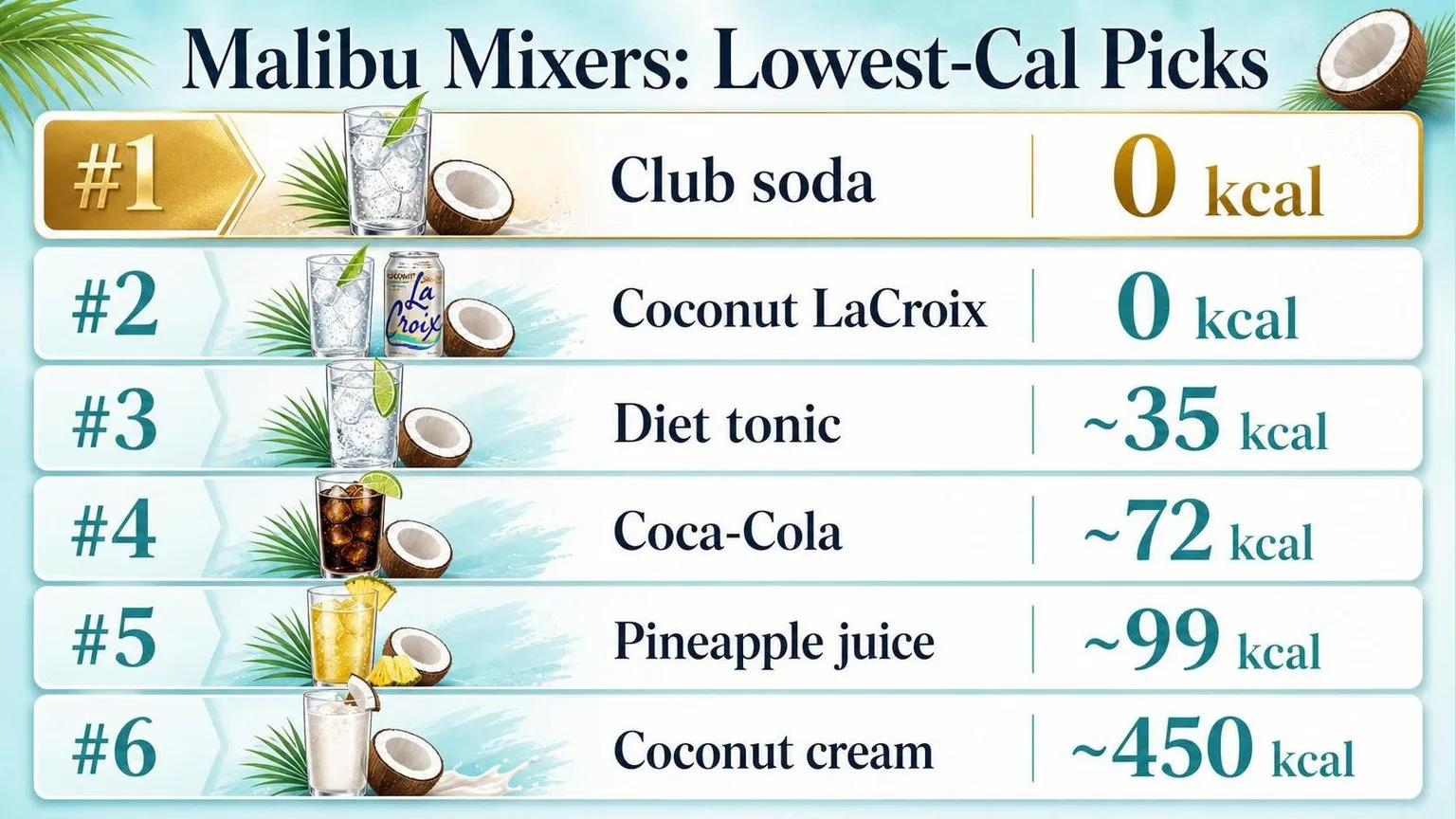 What To Mix With Malibu Rum Low Calorie? 1 Low-Cal Malibu Mixers: Calories Per 6 oz — key facts at a glance