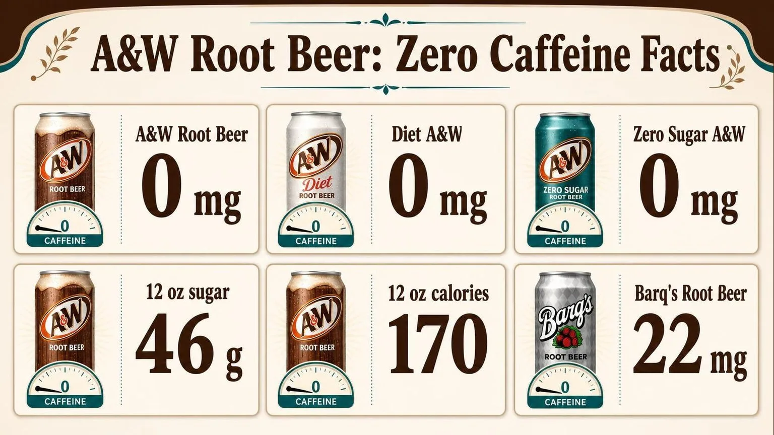 Caffeine in Root Beers & Colas (12 oz) — key facts at a glance