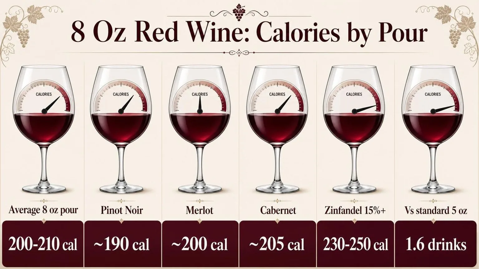 Calories in 8 oz Red Wine by ABV — key facts at a glance