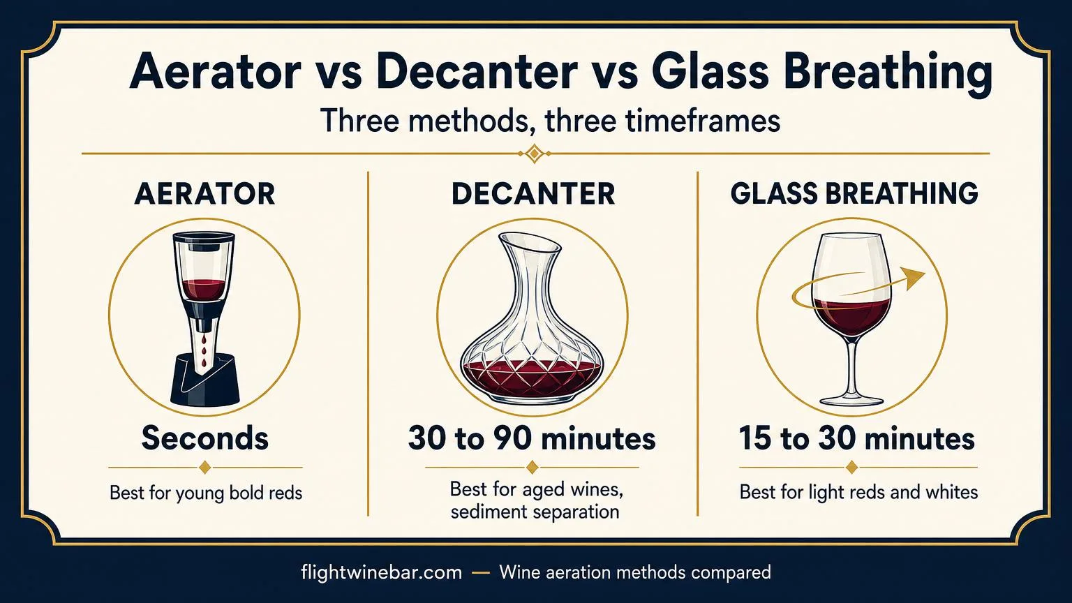 What Does an Aerator Do for Wine? – The Complete Expert Guide to Understanding Wine Aeration 4 Comparison infographic of aerator vs decanter vs glass breathing methods