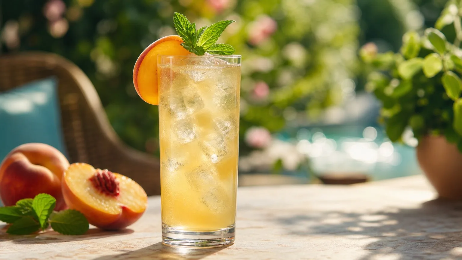 Classic homemade wine cooler in a tall glass with citrus garnish and ice