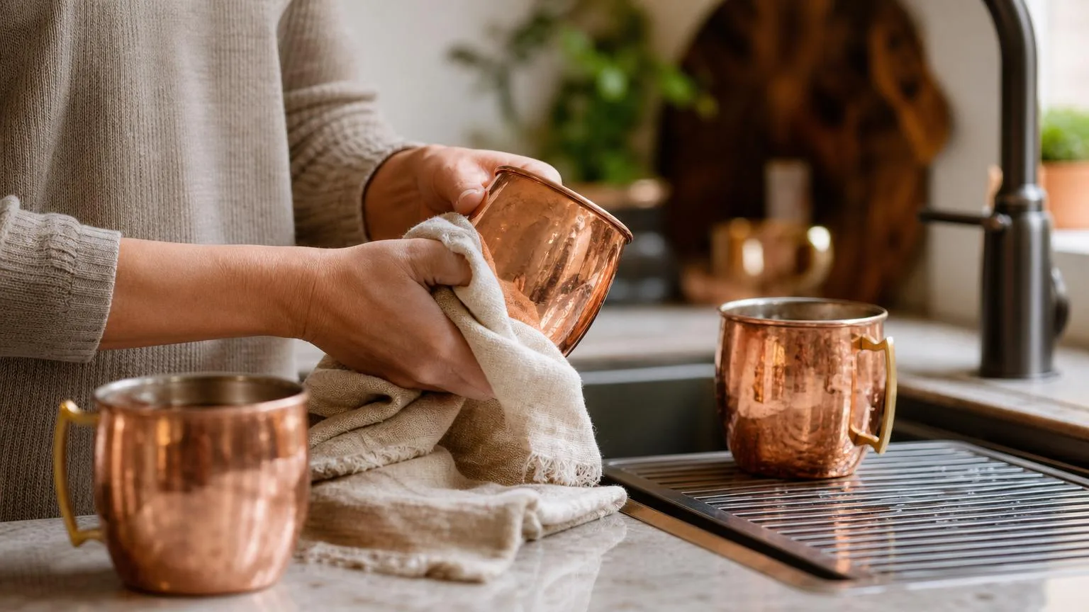 Copper Moscow Mule mugs being hand washed and dried with a soft cloth