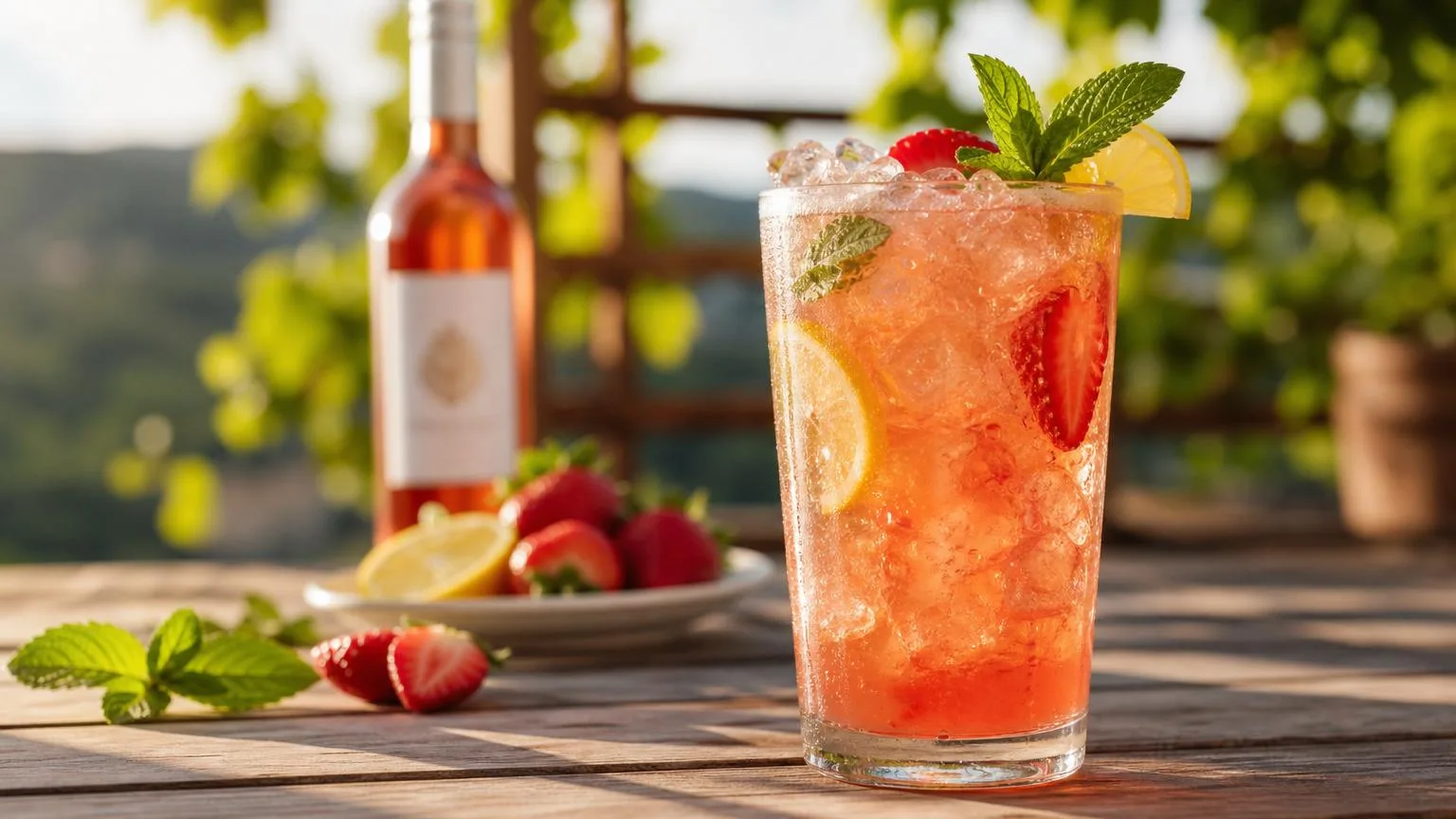 Homemade rosé wine cooler in a tall glass with strawberries and mint