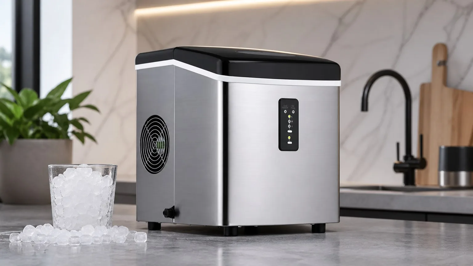NewAir Portable Ice Maker 28 lb. Daily - Countertop Compact Design, Ice in Under 10 Minutes, 3 Size Bullet Shaped Ice, LED Controls, Stainless with Black Lid | AI-100SS