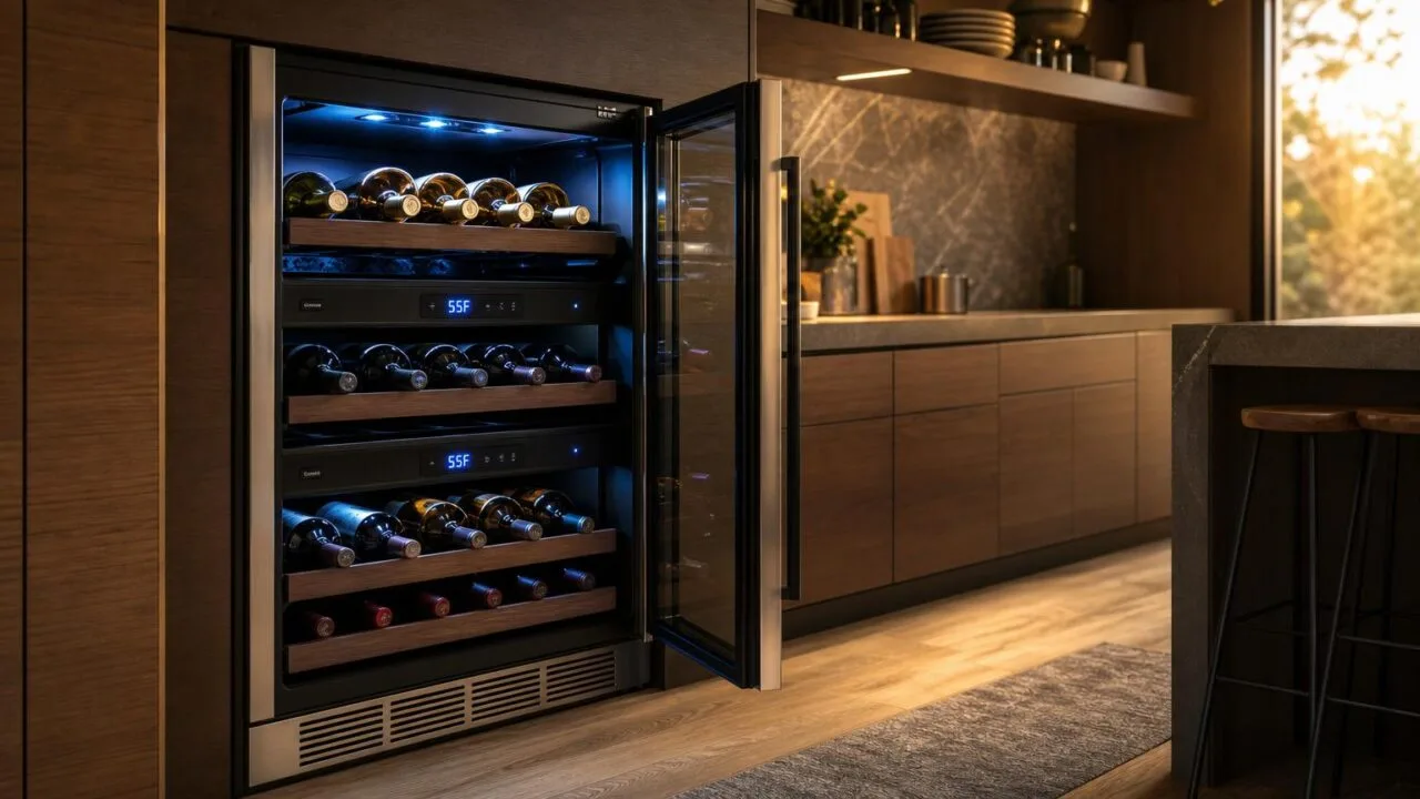 Modern dual-zone wine cooler set to 55F in a contemporary kitchen