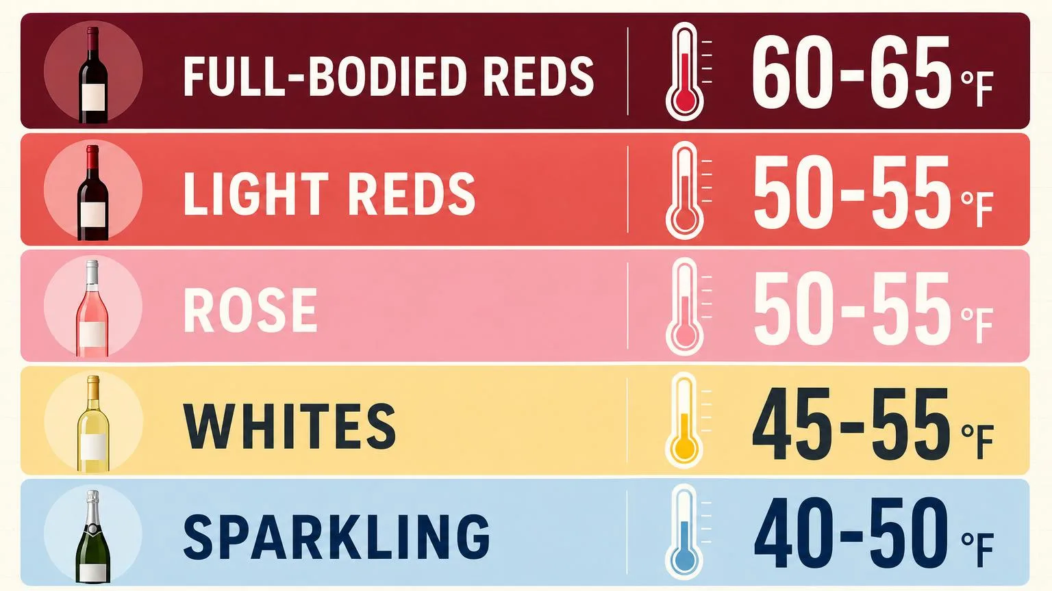 Wine storage temperature chart by varietal — sparkling, white, rose, red zones