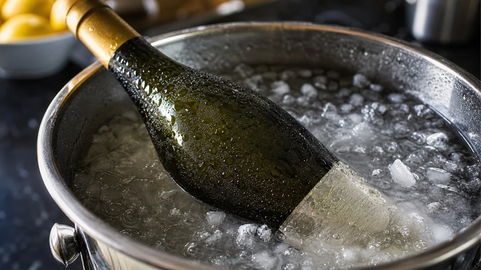 Wine bottle chilling rapidly in an ice and salt bath