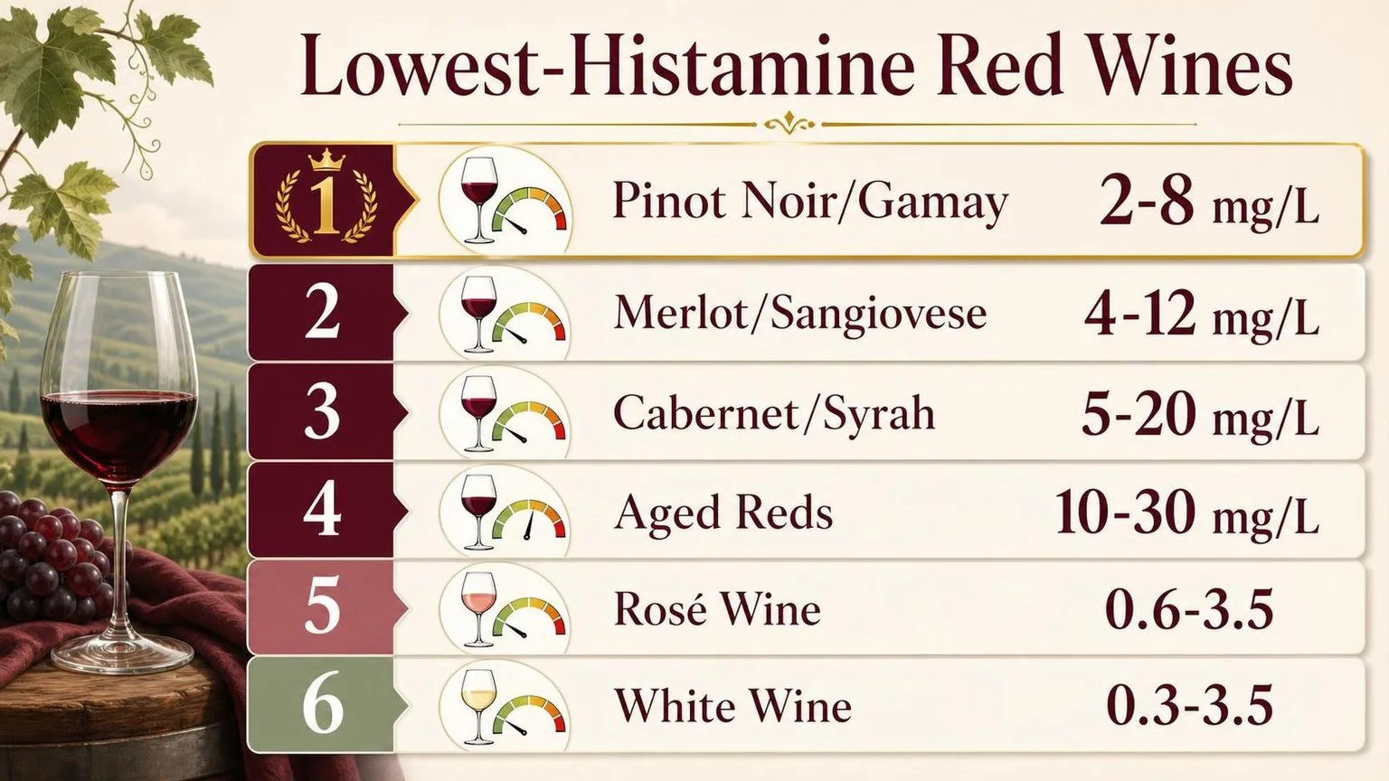 Red Wine Histamine Levels by Style — key facts at a glance
