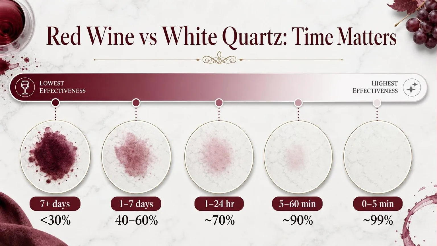 Red Wine on White Quartz: Removal Success by Time — key facts at a glance
