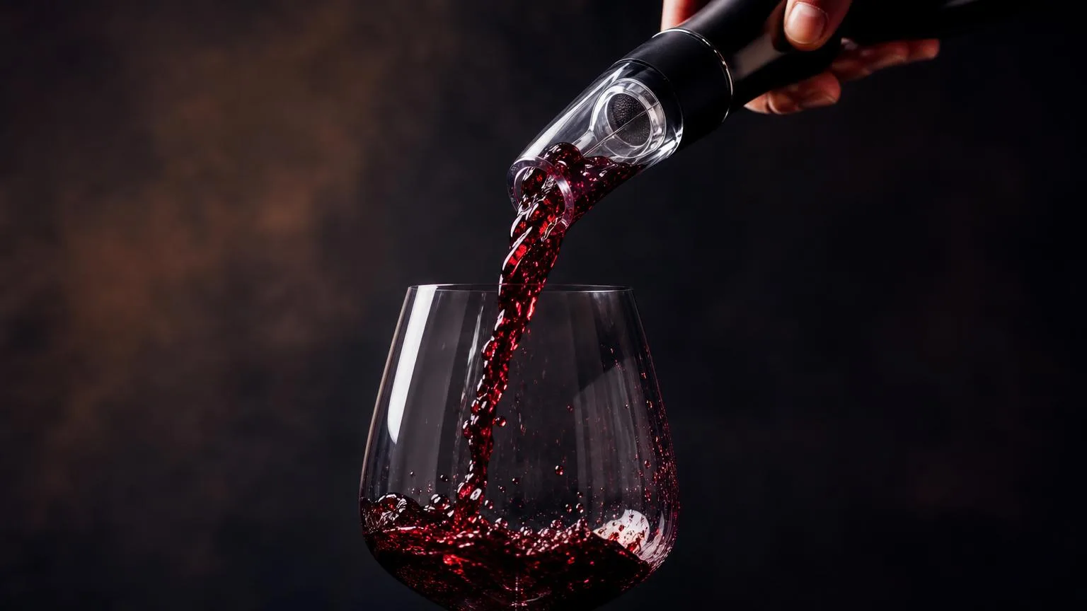 What Does an Aerator Do for Wine? – The Complete Expert Guide to Understanding Wine Aeration 1 Red wine pouring through a handheld aerator into a crystal glass, showing aeration in action