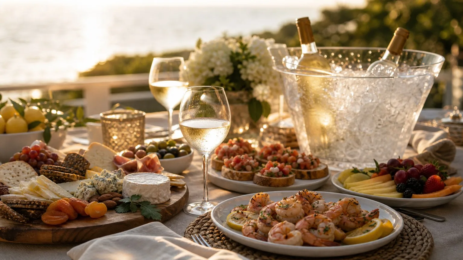 Wine cooler served alongside summer food pairings on a wood board
