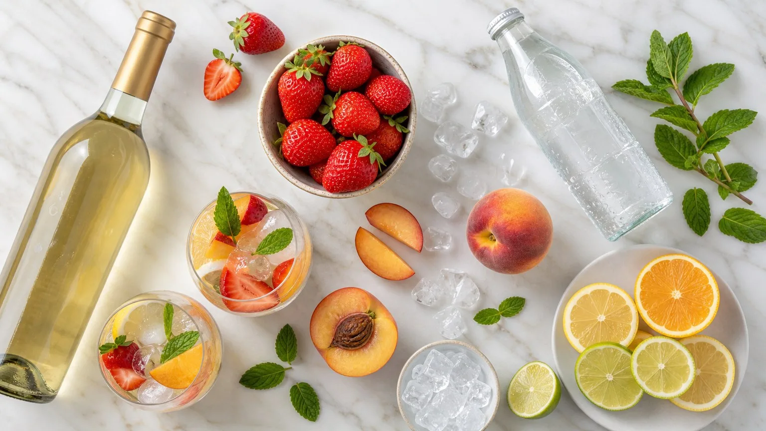 Wine cooler ingredients flat lay including white wine, juice, soda, fruit, and herbs