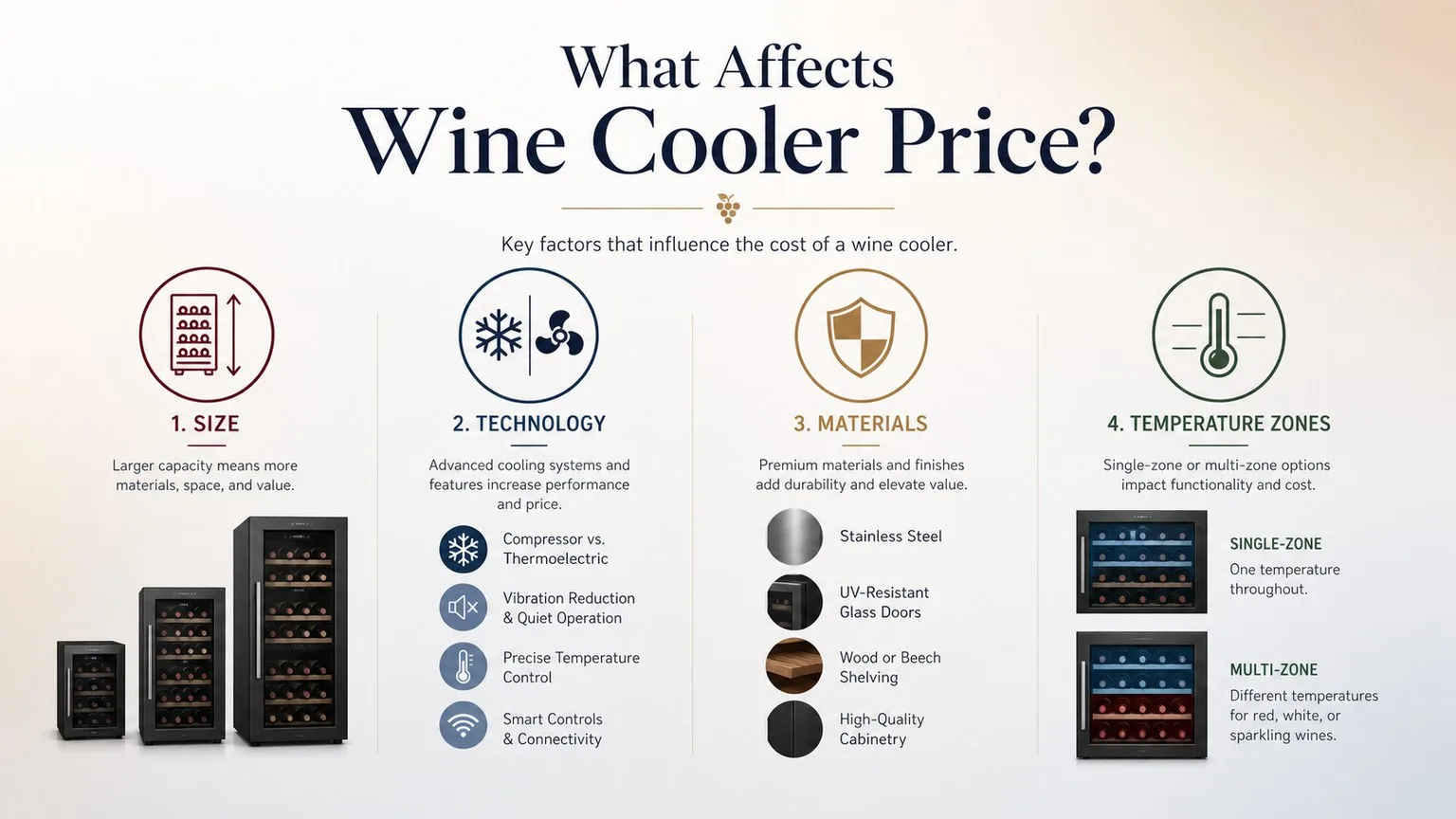 How Much Is Wine Coolers? 2026 Pricing Guide for Every Budget 1 Infographic showing key factors that affect wine cooler pricing