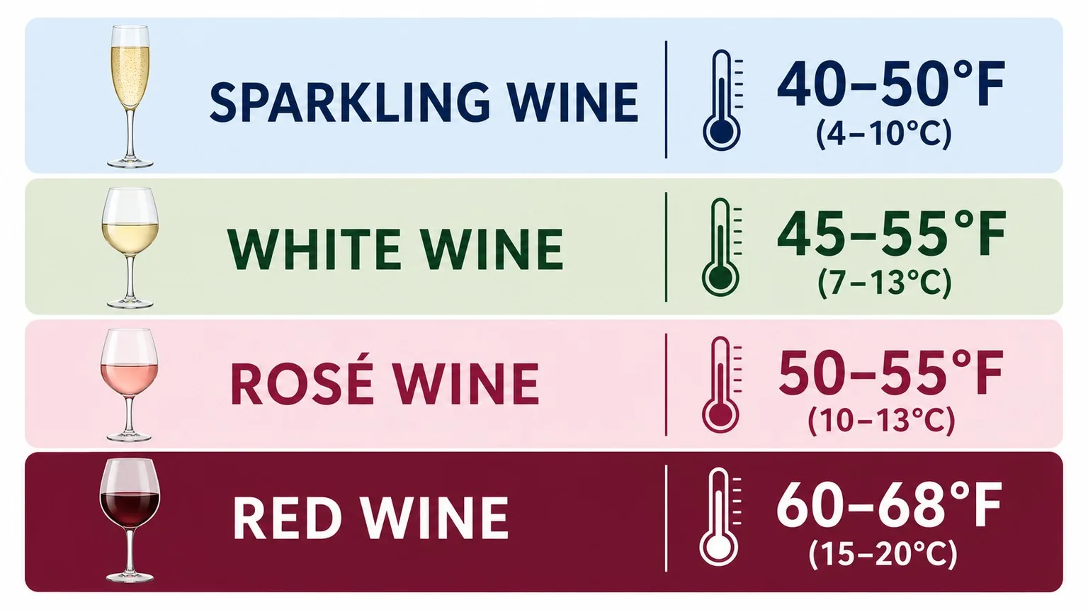 Wine serving temperature gradient from sparkling to light red