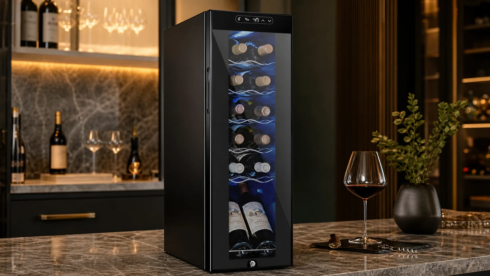 Schmecke 12-Bottle Wine Cooler — Slim Black Storage: 1 year limited warranty