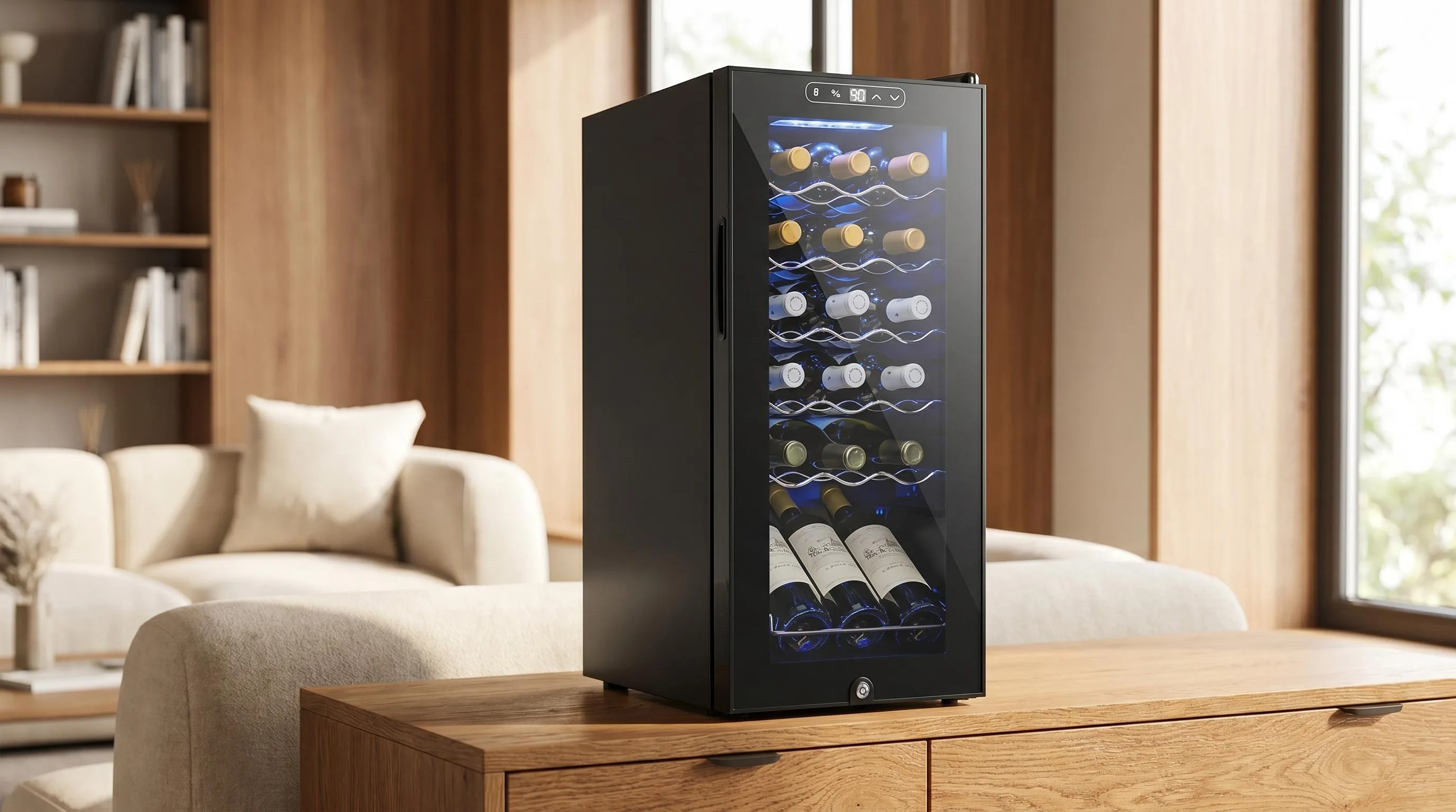 SCHMECKE 18-Bottle Wine Cooler: 18-bottle capacity wine cooler designed for efficient storage in smaller spaces
