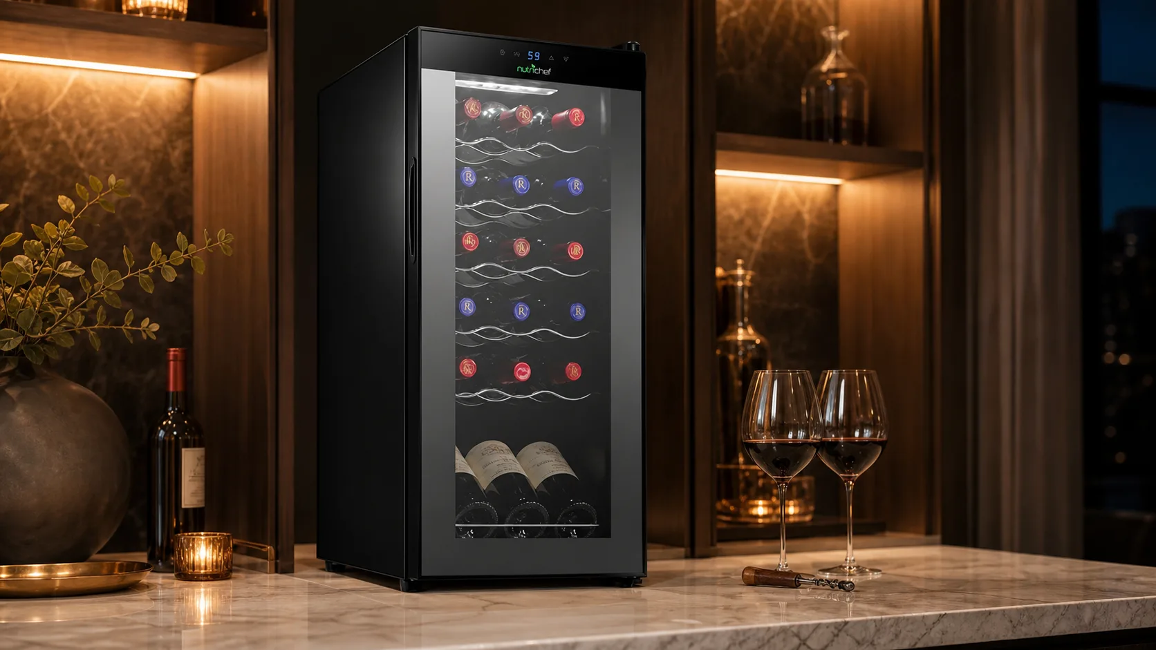 NutriChef 18-Bottle Wine Cooler — Touch-Control Setups: touch screen digital temperature control