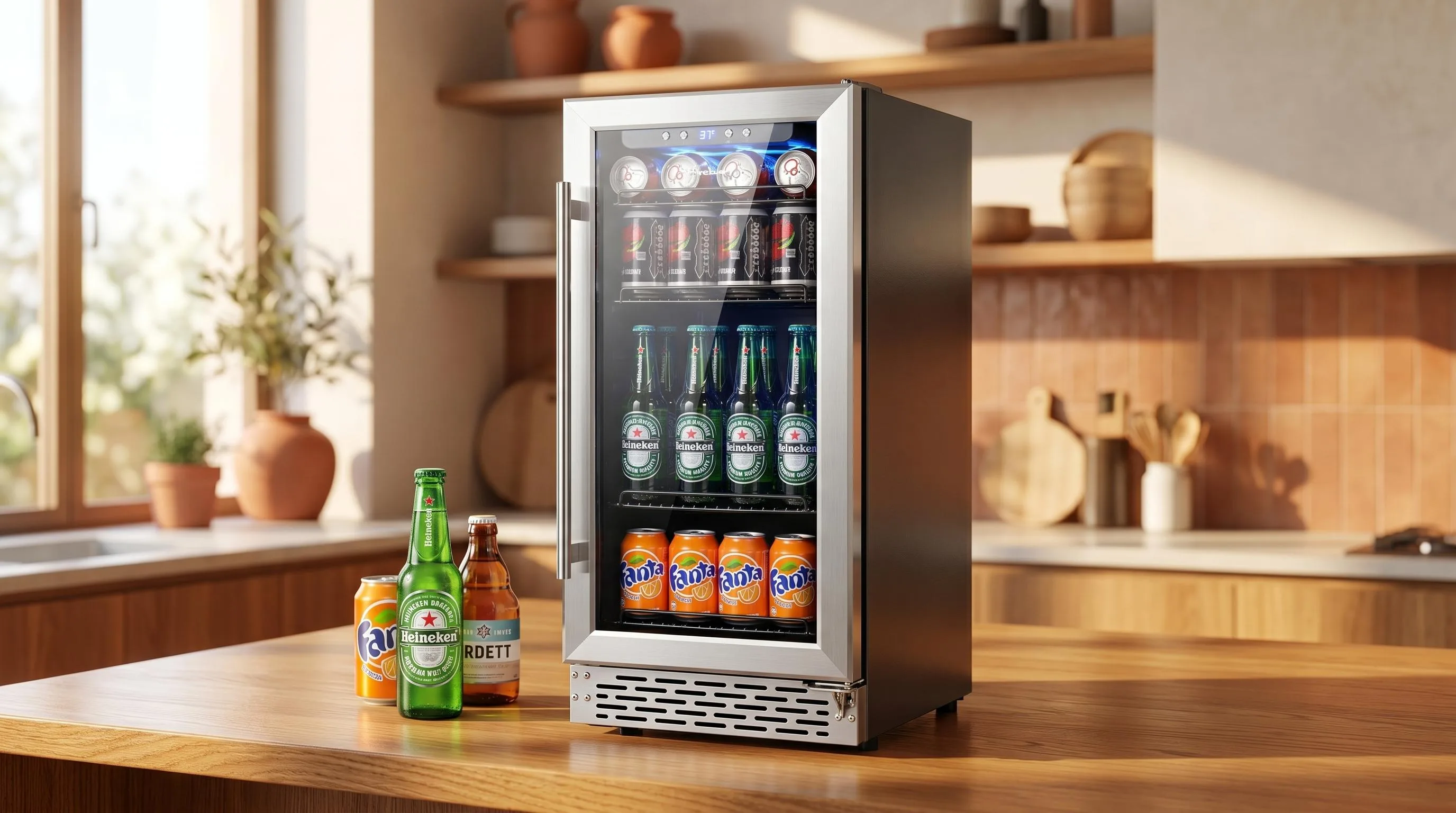 Phiestina 15 Inch Beverage Cooler Refrigerator — Compact Spaces: 96-can capacity